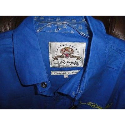 Ed Hardy by Christian Anligier Handmade Embroidered Large Shirt in Blue