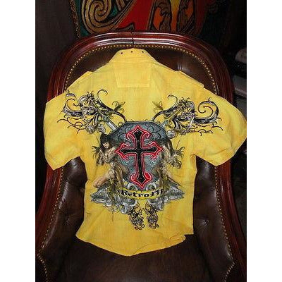 Retrofit  Large Short Sleeve Shirt Yellow  with Embroidery Front & Back