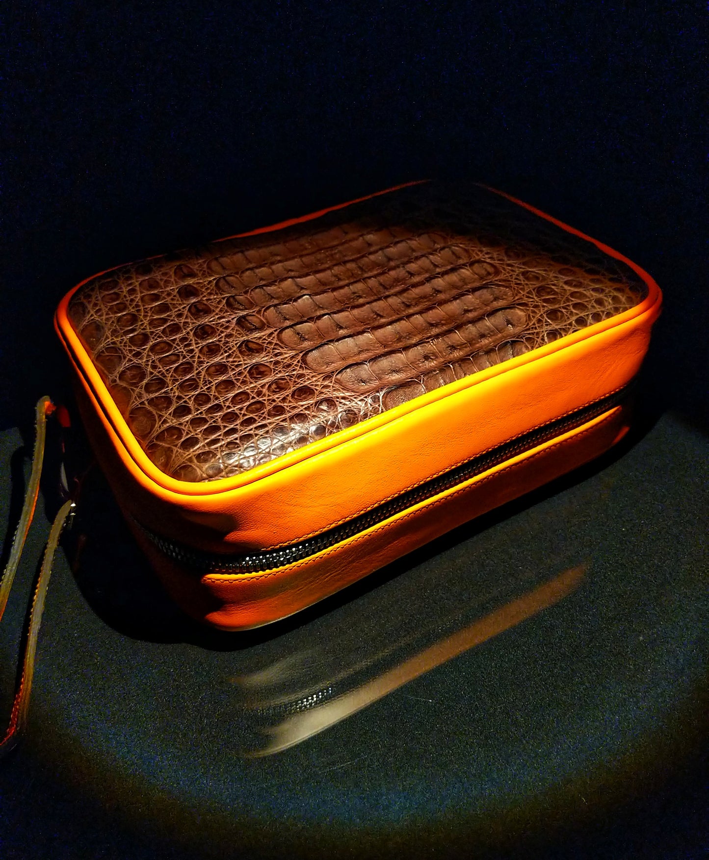 Brizard Havana Traveler Brown Caiman and orange " Lambo" Leather