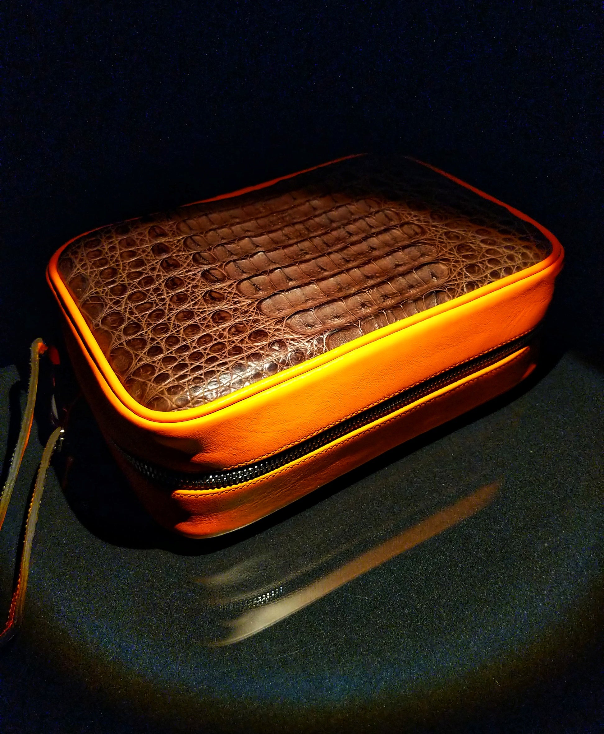 Brizard Havana Traveler Brown Caiman and orange " Lambo" Leather