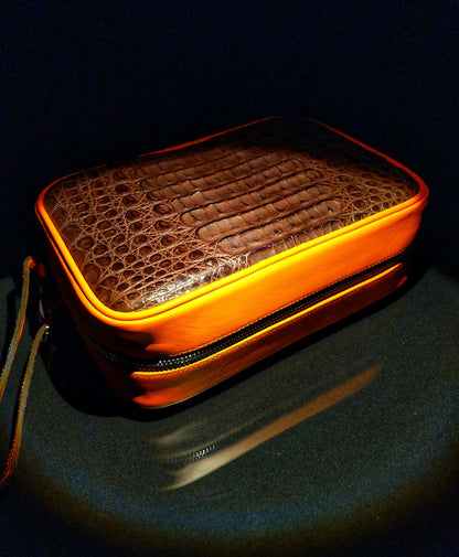 Brizard Havana Traveler Brown Caiman and orange " Lambo" Leather