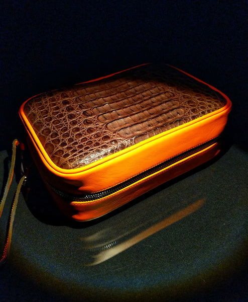 Brizard Havana Traveler Brown Caiman and orange " Lambo" Leather