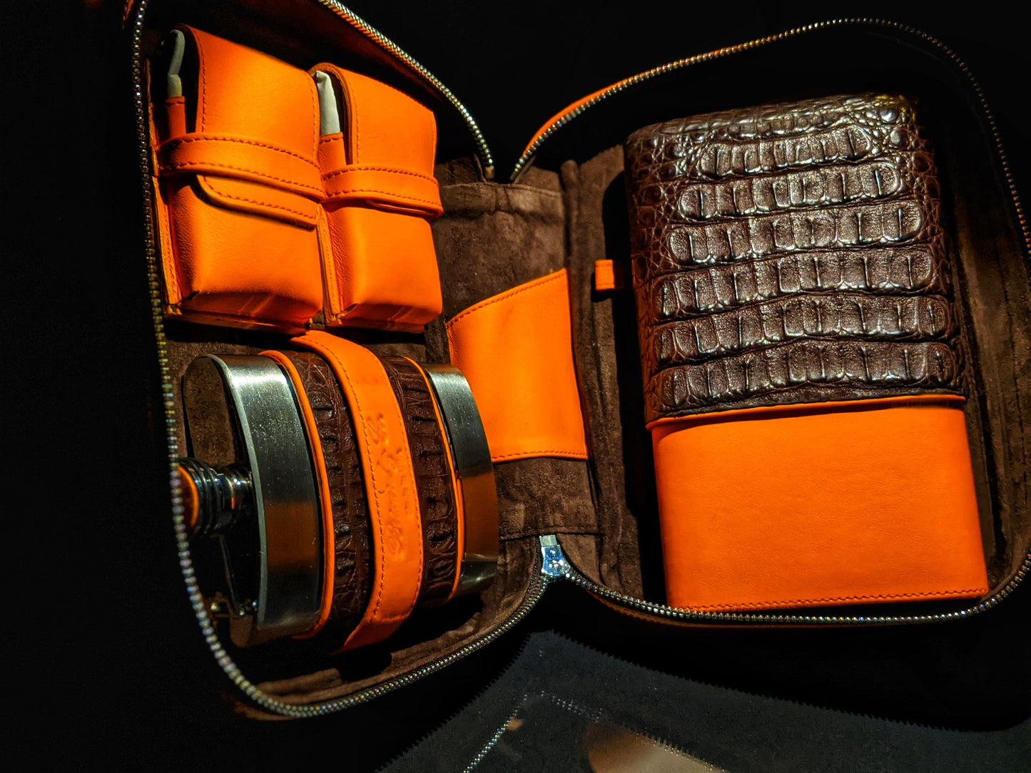 Brizard Havana Traveler Brown Caiman and orange " Lambo" Leather