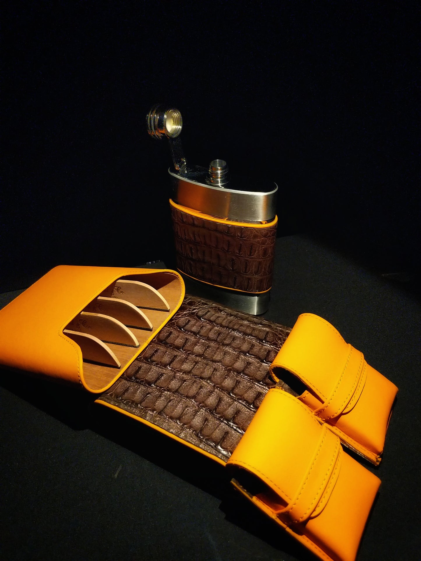 Brizard Havana Traveler Brown Caiman and orange " Lambo" Leather