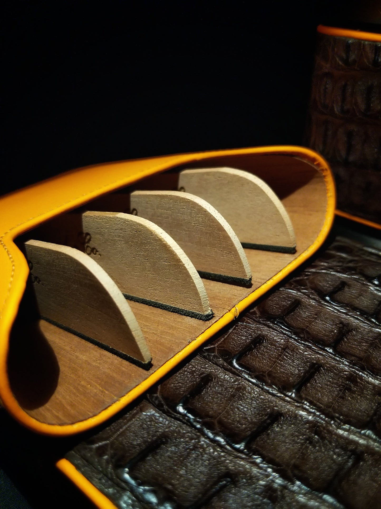 Brizard Havana Traveler Brown Caiman and orange " Lambo" Leather