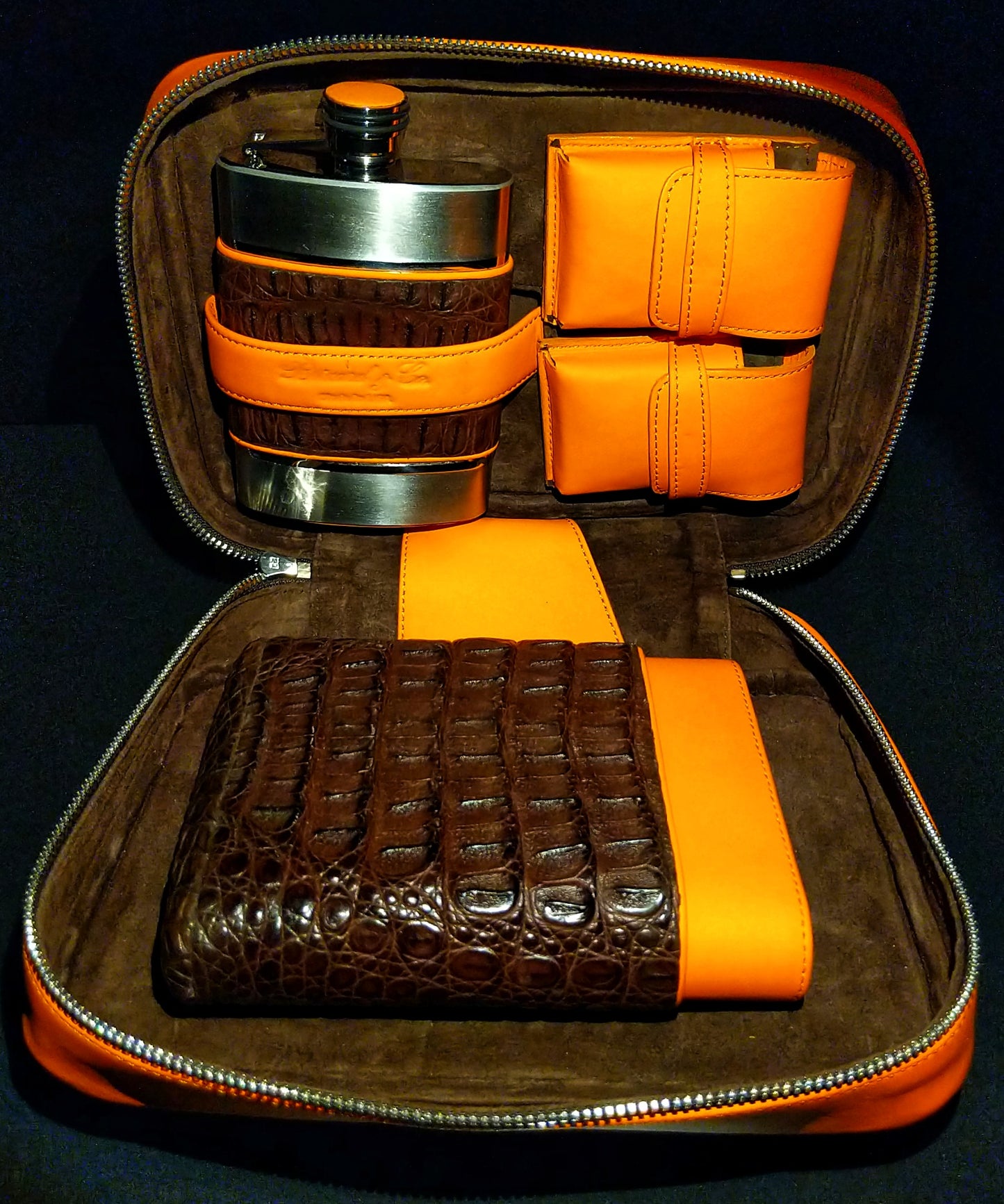 Brizard Havana Traveler Brown Caiman and orange " Lambo" Leather
