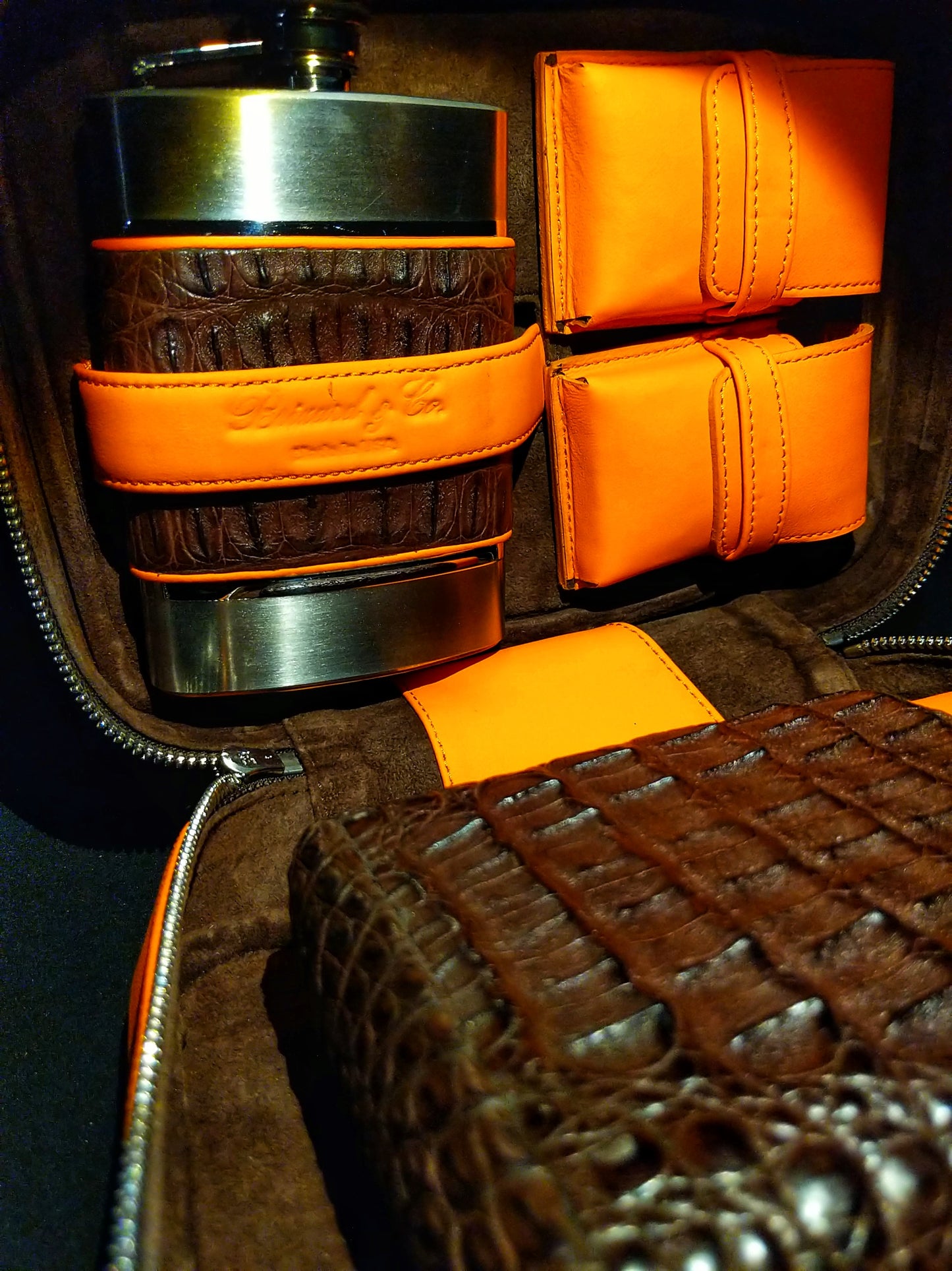 Brizard Havana Traveler Brown Caiman and orange " Lambo" Leather