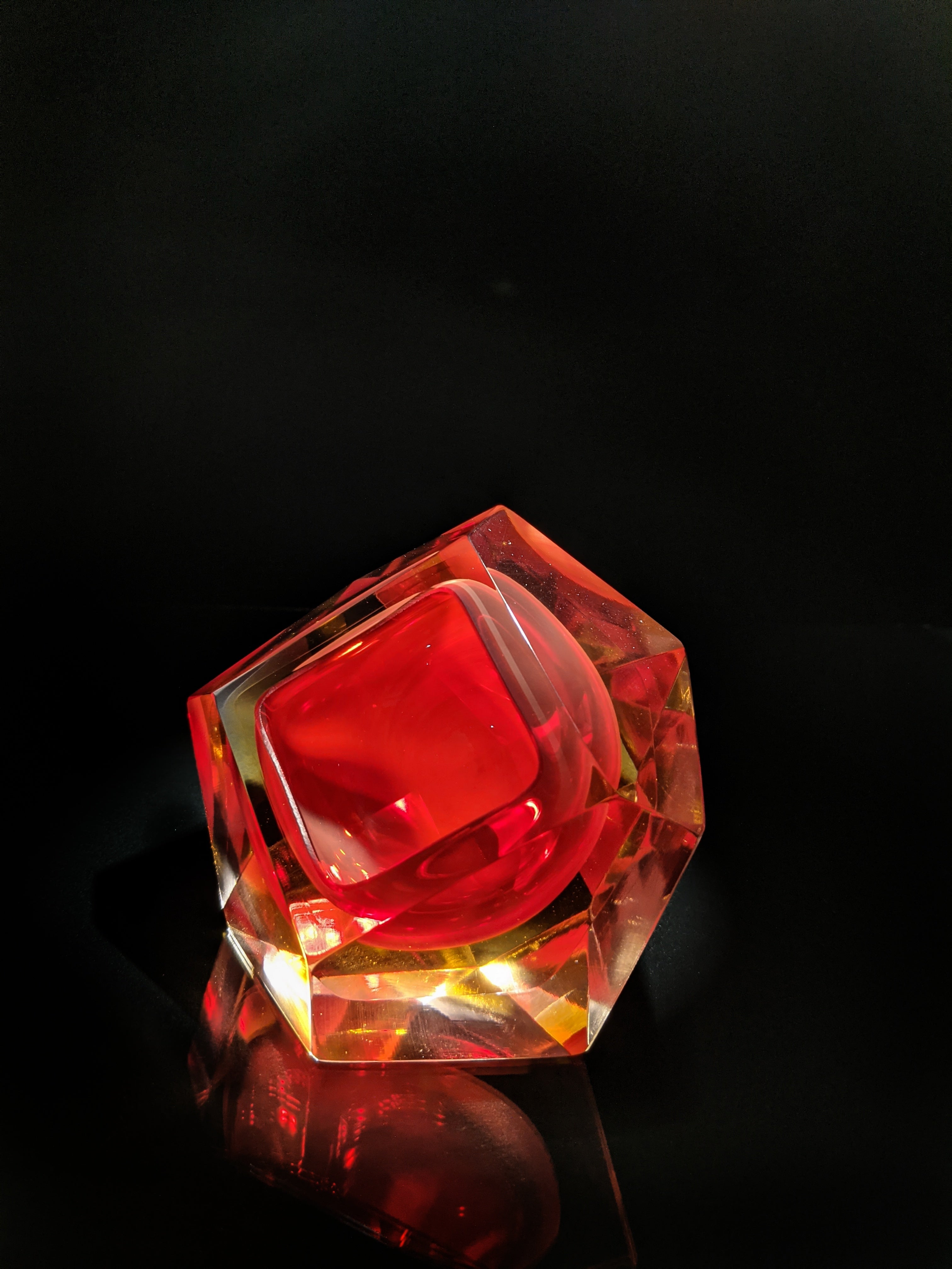 Sommerso Murano | Flavio Poli Yellow & Red Faceted Glass Ashtray | Italy 1950s