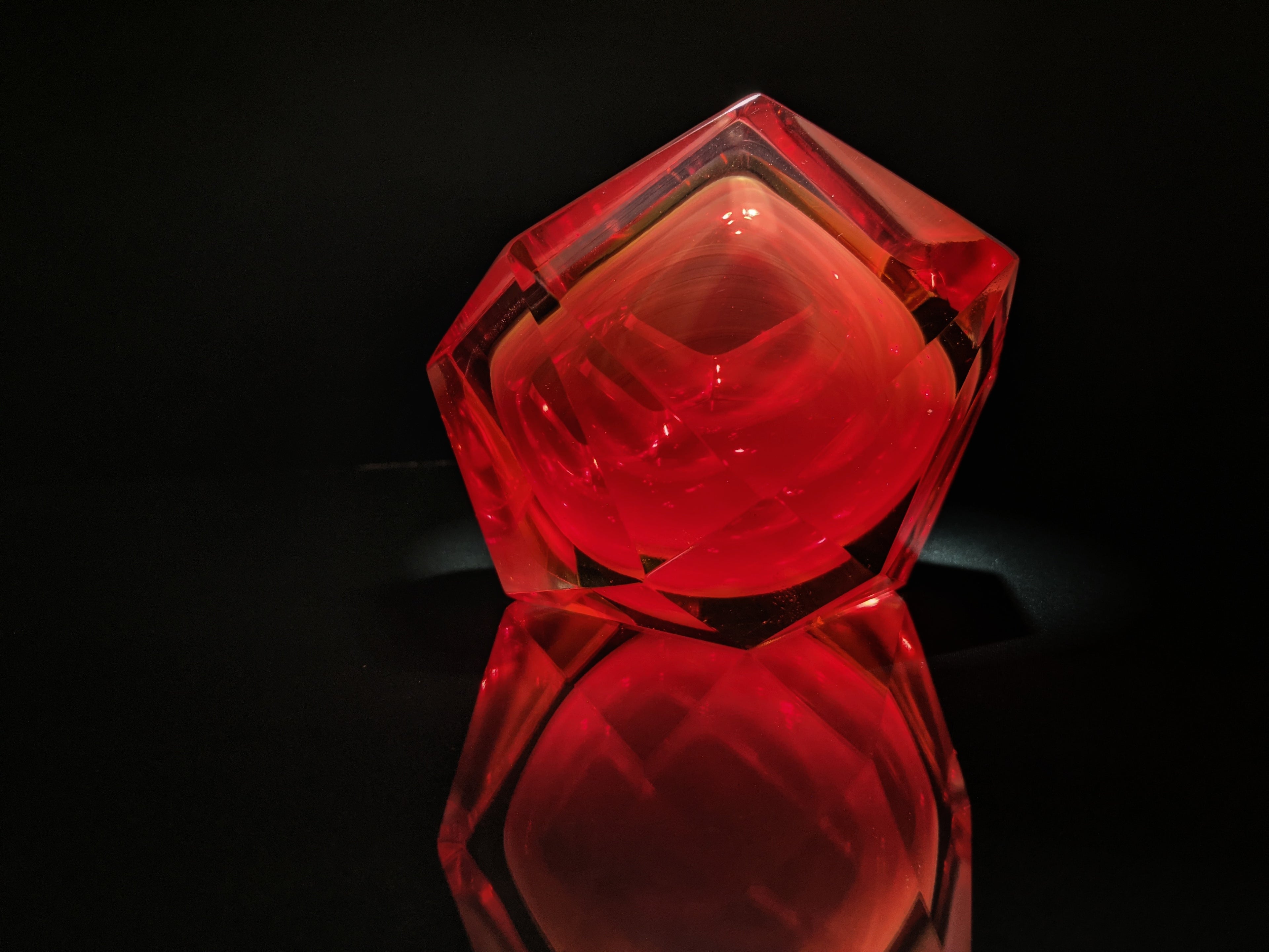 Sommerso Murano | Flavio Poli Yellow & Red Faceted Glass Ashtray | Italy 1950s