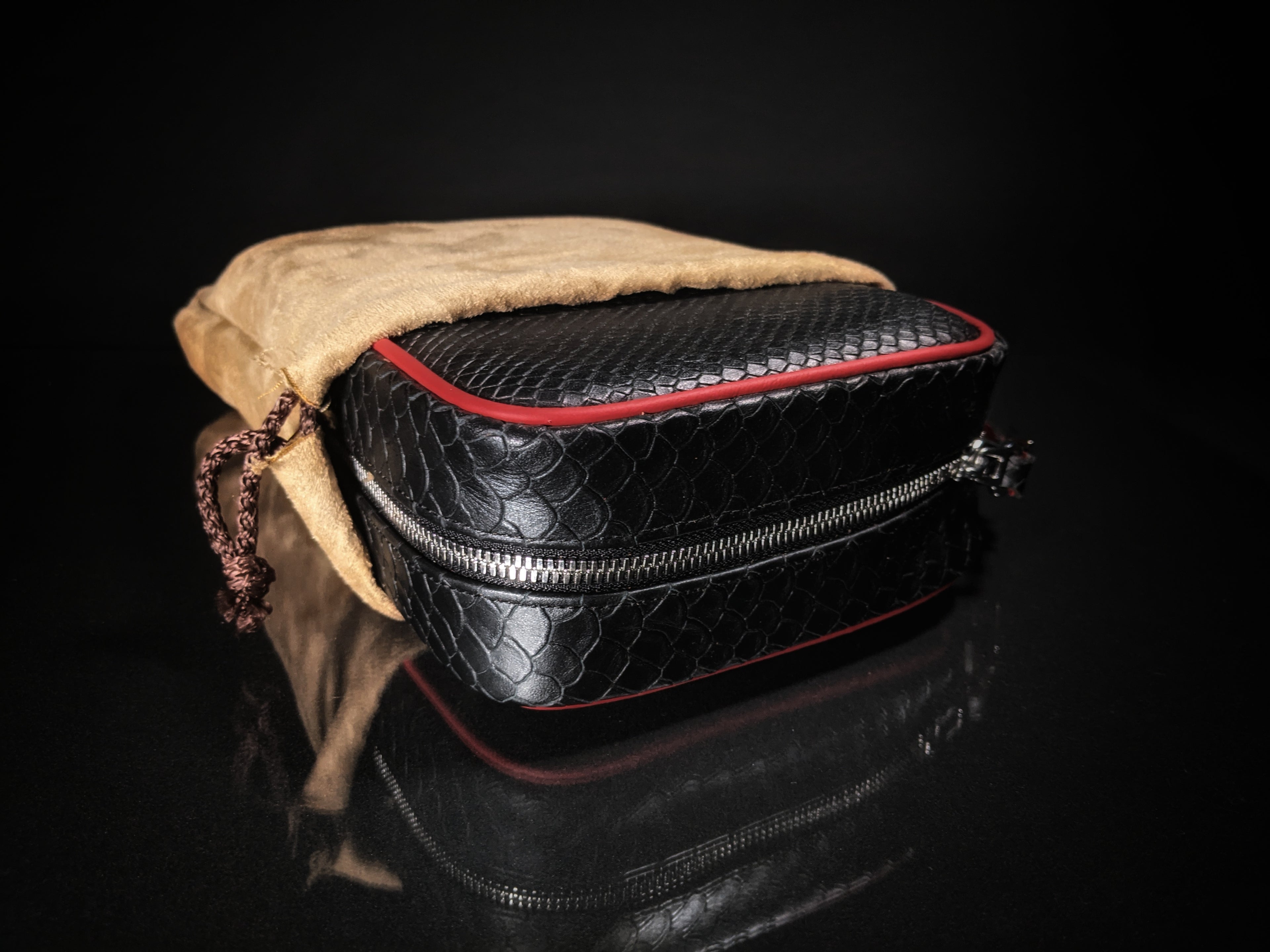 Brizard and Co Havana Traveler in Black Python Pattern and Red Leather with cutter