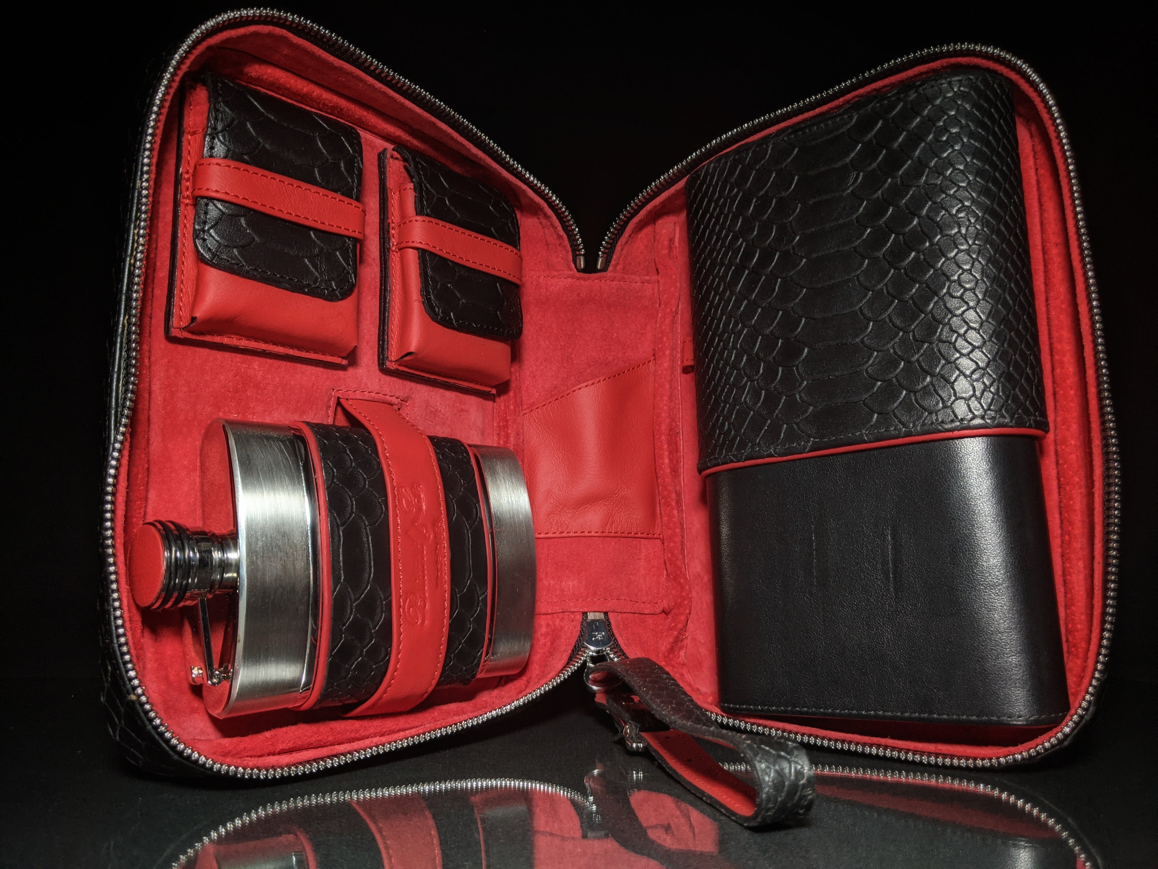 Brizard and Co Havana Traveler in Black Python Pattern and Red Leather with cutter