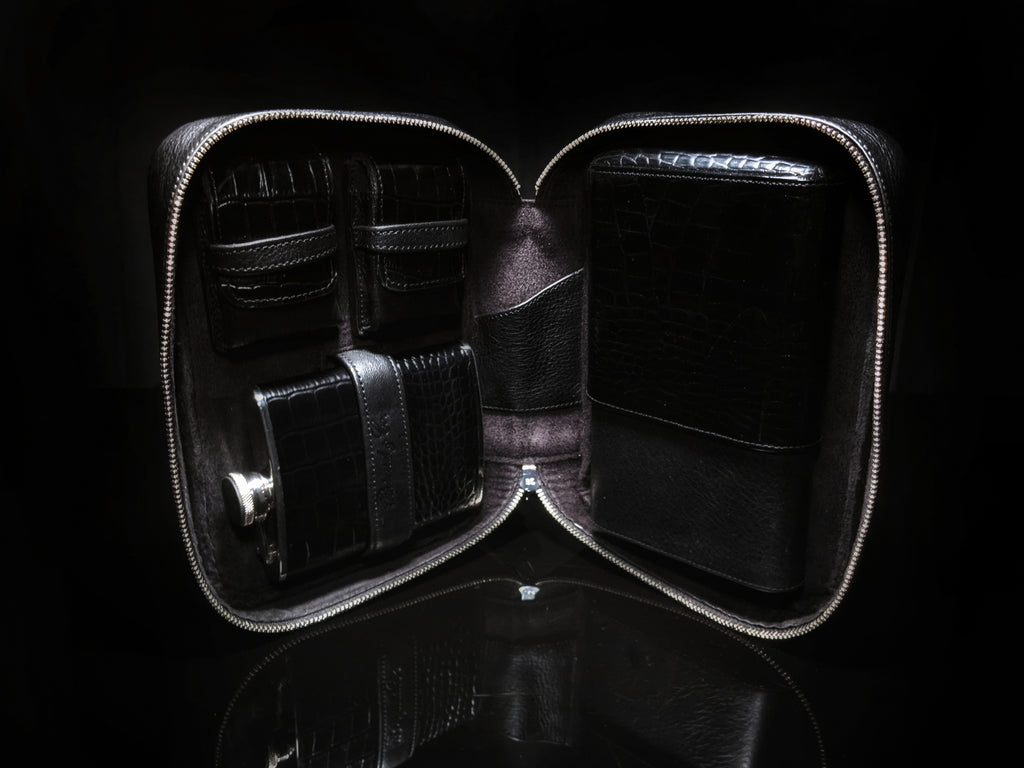 Brizard and Co. Havana Traveler — Croco Pattern Black Leather with Flask, New in Box