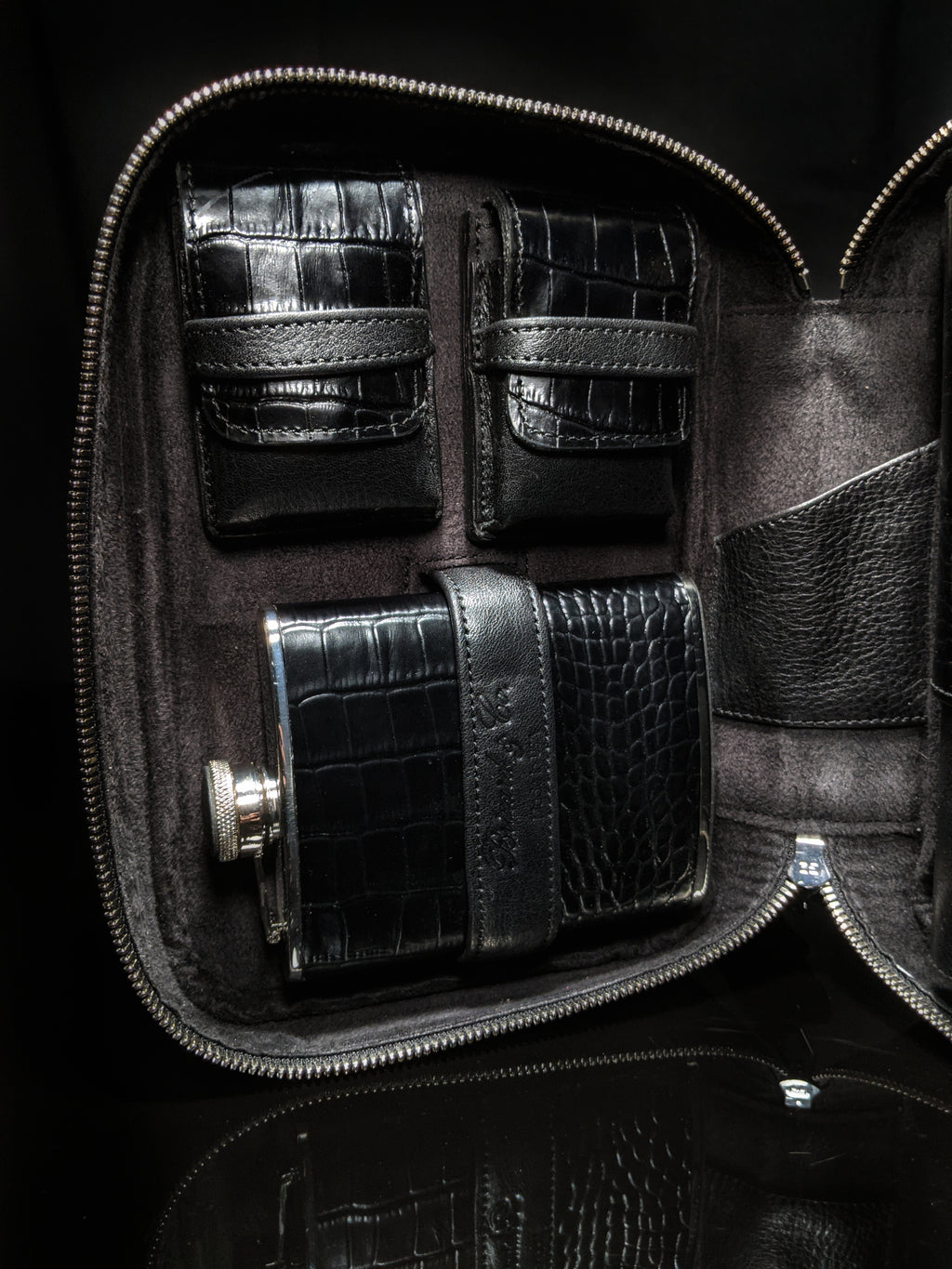 Brizard and Co. Havana Traveler — Croco Pattern Black Leather with Flask, New in Box