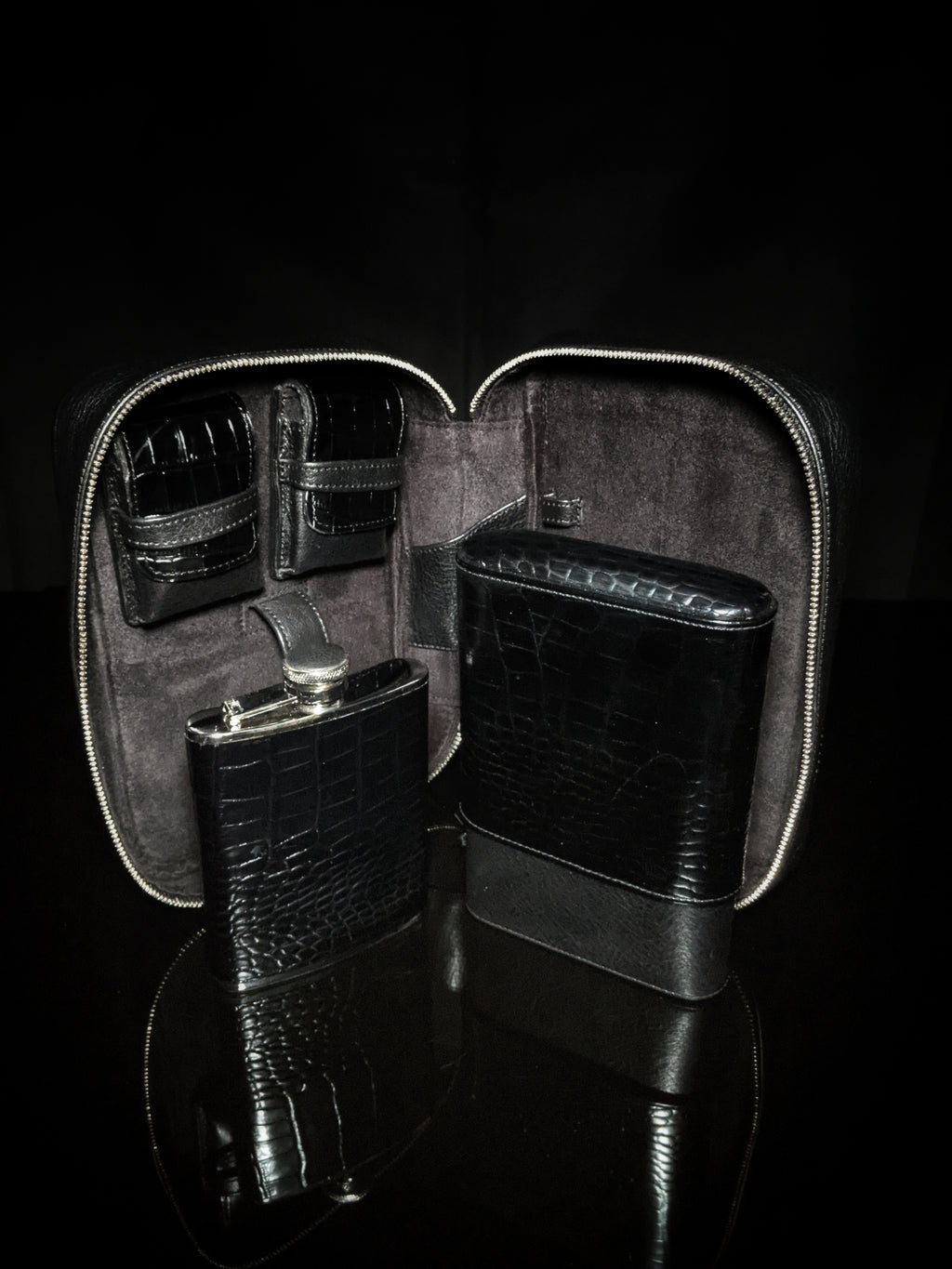 Brizard and Co. Havana Traveler — Croco Pattern Black Leather with Flask, New in Box