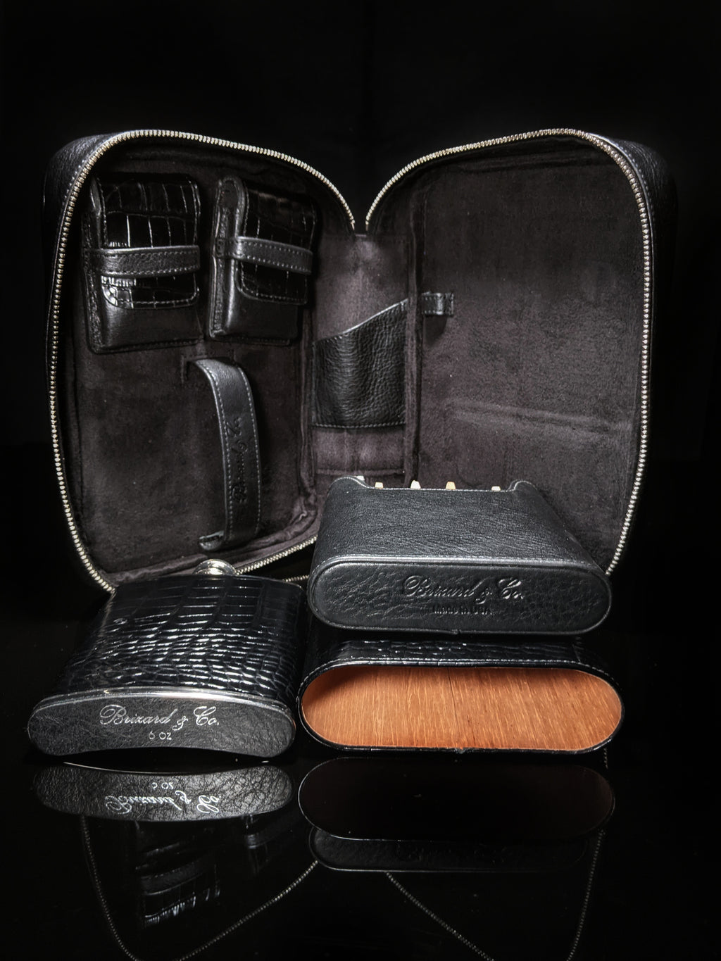 Brizard and Co. Havana Traveler — Croco Pattern Black Leather with Flask, New in Box