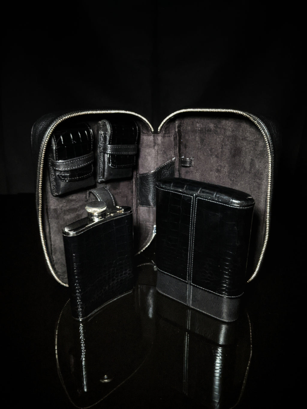 Brizard and Co. Havana Traveler — Croco Pattern Black Leather with Flask, New in Box