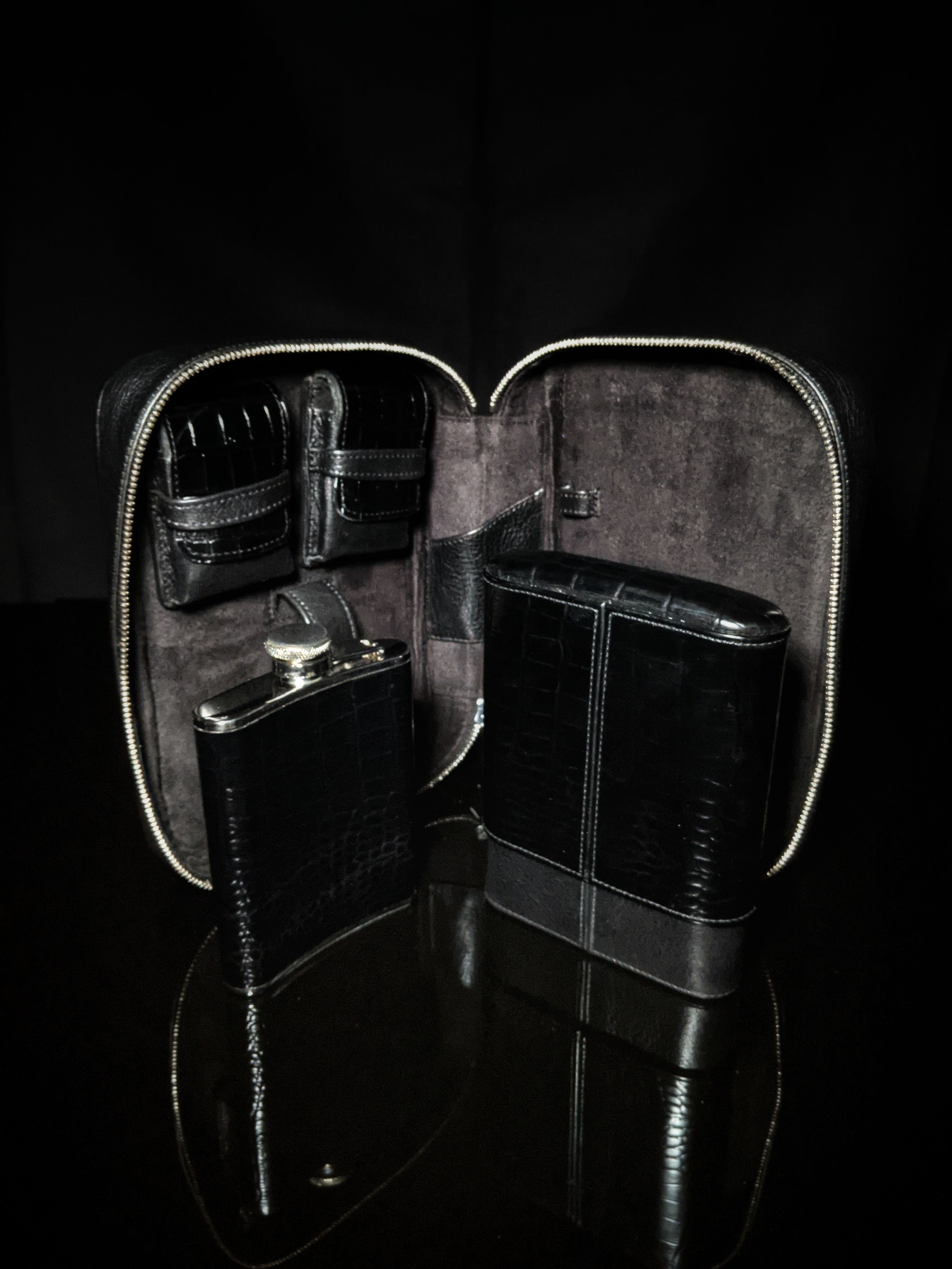 Brizard and Co. Havana Traveler — Croco Pattern Black Leather with Flask, New in Box