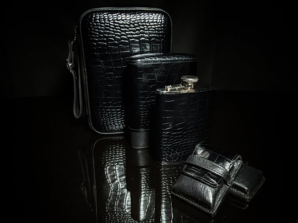 Brizard and Co. Havana Traveler — Croco Pattern Black Leather with Flask, New in Box