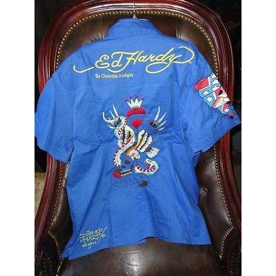 Ed Hardy by Christian Anligier Handmade Embroidered Large Shirt in Blue
