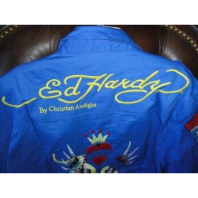 Ed Hardy by Christian Anligier Handmade Embroidered Large Shirt in Blue
