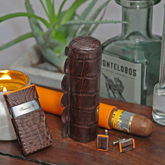 Brizard and Co Genuine Tobacco Caiman Alligator and Orange Leather Cigar Holder , Cufflinks and Lighter