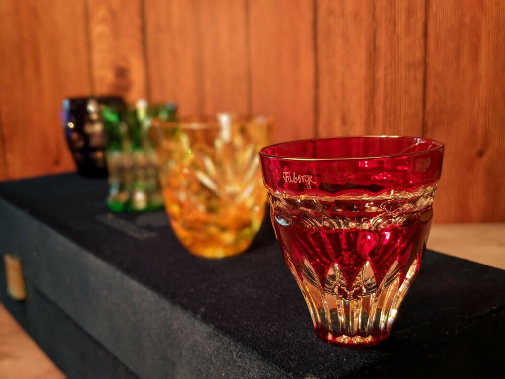 Faberge Crystal Colored Shot Glasses NIB