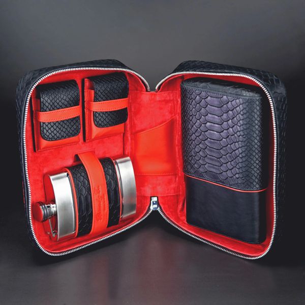 Brizard and Co Havana Traveler in Black Python Pattern and Red Leather with cutter