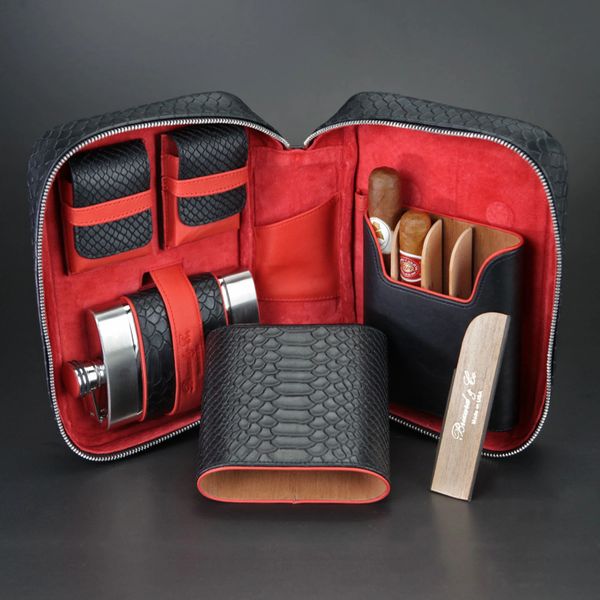 Brizard and Co Havana Traveler in Black Python Pattern and Red Leather with cutter