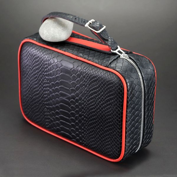 Brizard and Co Havana Traveler in Black Python Pattern and Red Leather with cutter